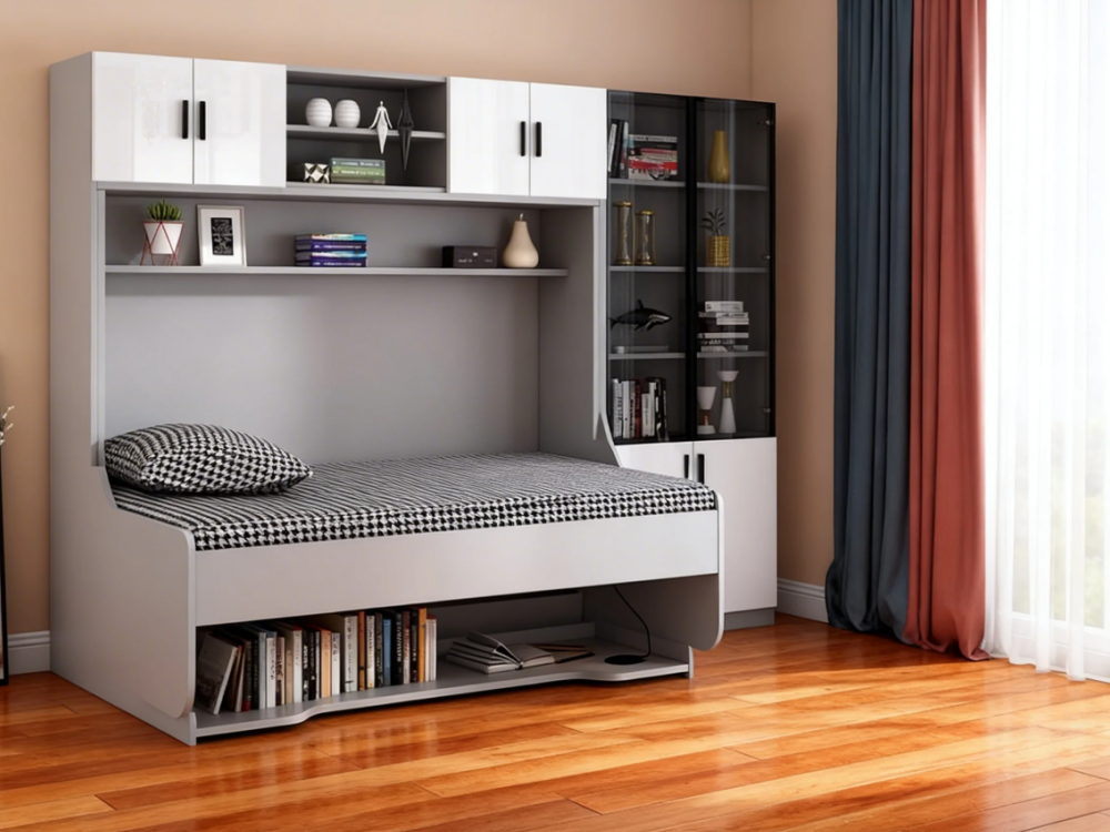 Hidden Bedside Flip-Up Bed Desk-Bed-Bookshelf Combination with Concealed Folding Bed